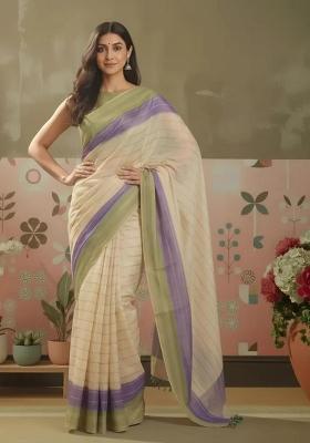 Beige Printed Silk Blend Saree Set