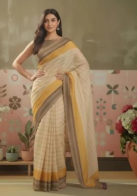 Beige Printed Silk Blend Saree Set