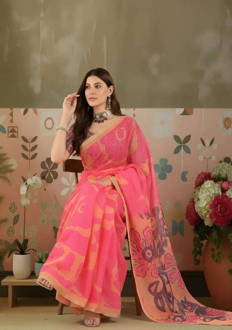 Pink Printed Cotton Saree Set for Diwali and Festive Wear - Indya