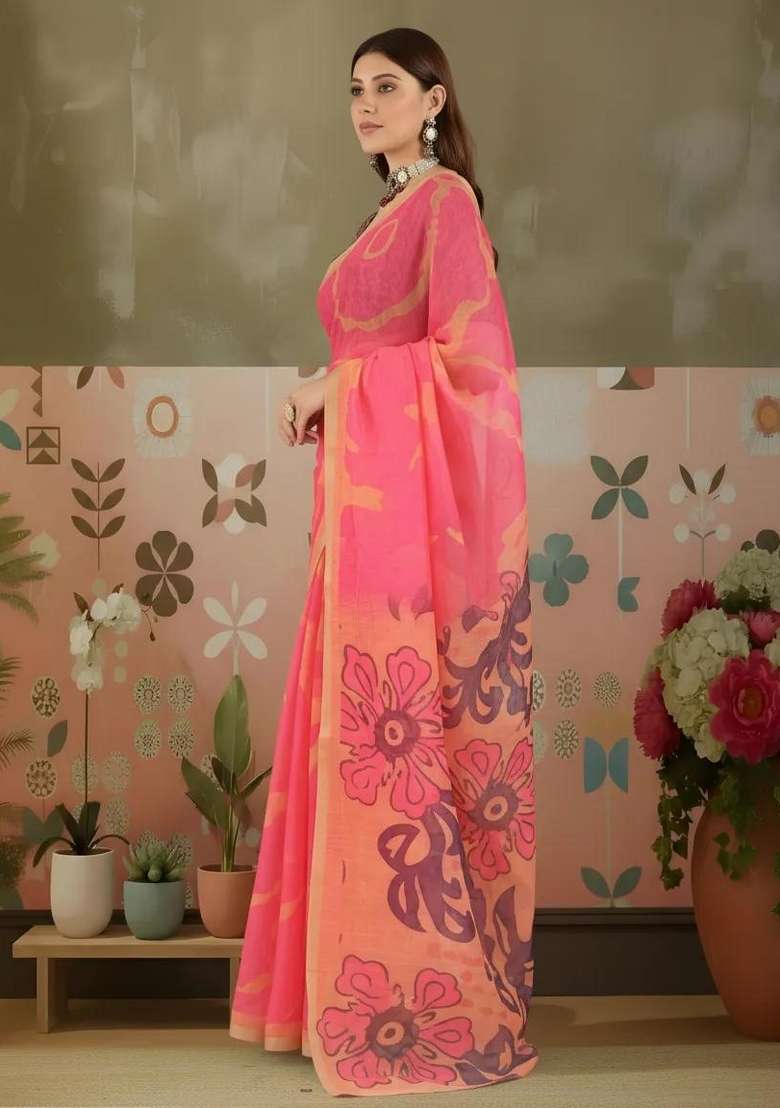 Pink Printed Cotton Saree Set for Diwali and Festive Wear - Indya