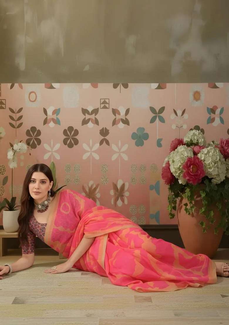 Pink Printed Cotton Saree Set for Diwali and Festive Wear - Indya