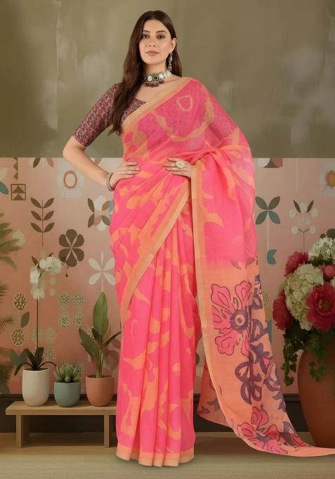 Pink Printed Cotton Saree Set