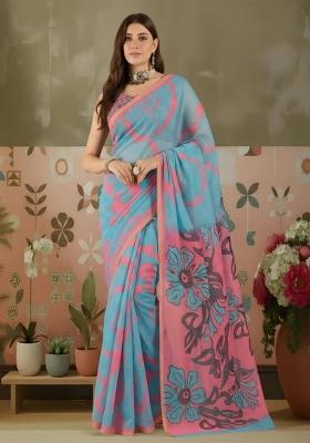Sky Blue Printed Cotton Saree Set