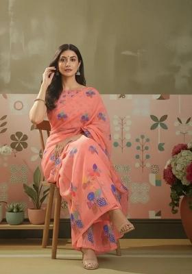 Peach Printed Linen Saree Set