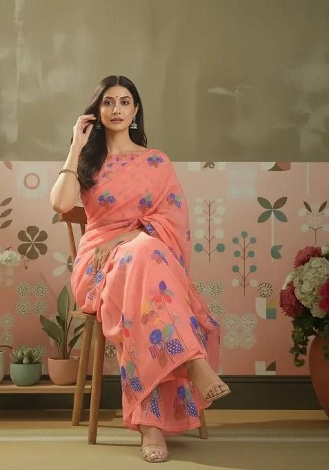 Peach Printed Linen Saree Set