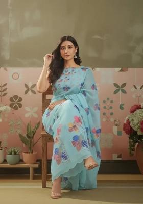 Sky Blue Printed Linen Saree Set