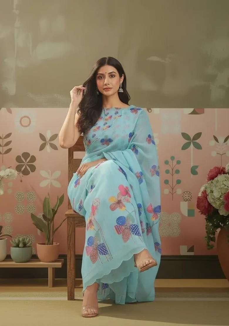 Sky Blue Printed Linen Saree Set - Indya