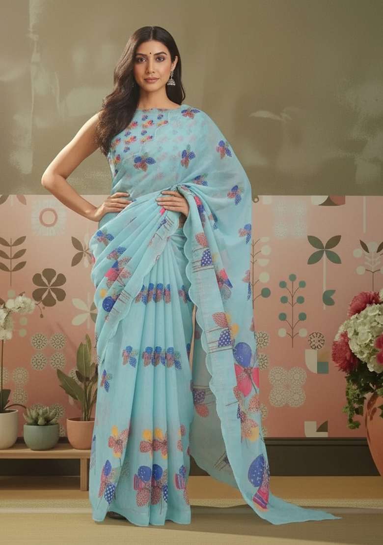 Sky Blue Printed Linen Saree Set - Indya