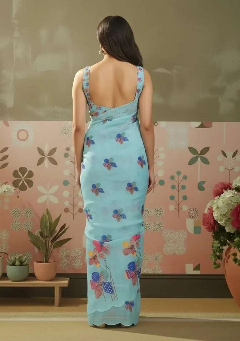Sky Blue Printed Linen Saree Set - Indya