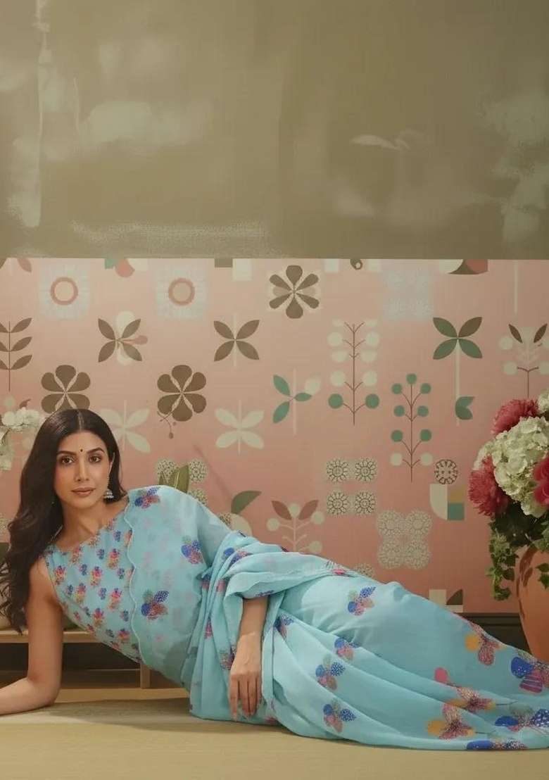 Sky Blue Printed Linen Saree Set - Indya