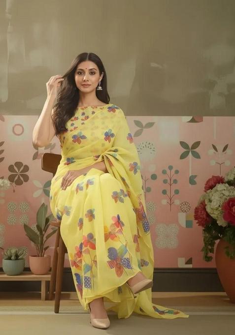 Yellow Printed Linen Saree Set