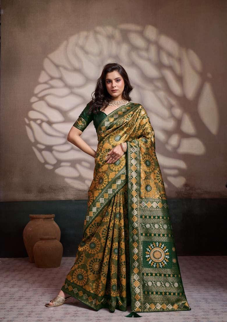 Yellow Woven Silk Saree Set - Indya