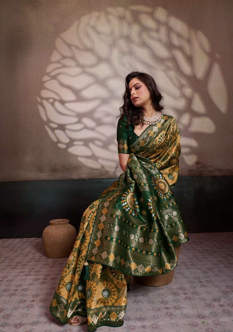 Yellow Woven Silk Saree Set - Indya