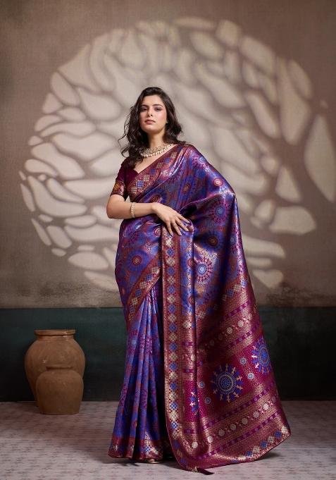 Blue Woven Silk Saree Set