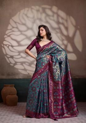 Teal Woven Silk Blend Saree Set