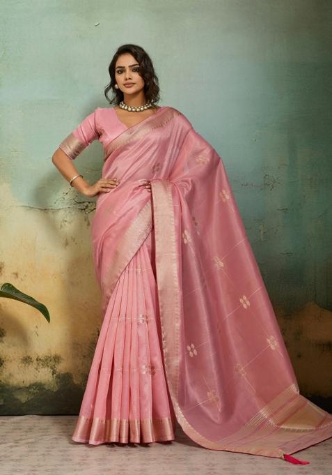 Pink Woven Tissue Saree Set