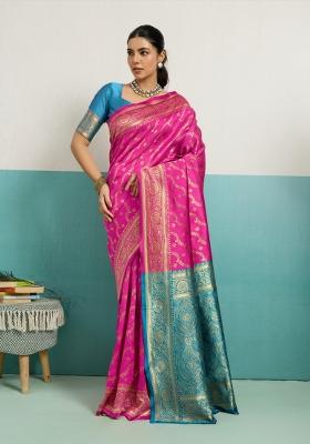 Magenta Zari Work Silk Blend Saree Set