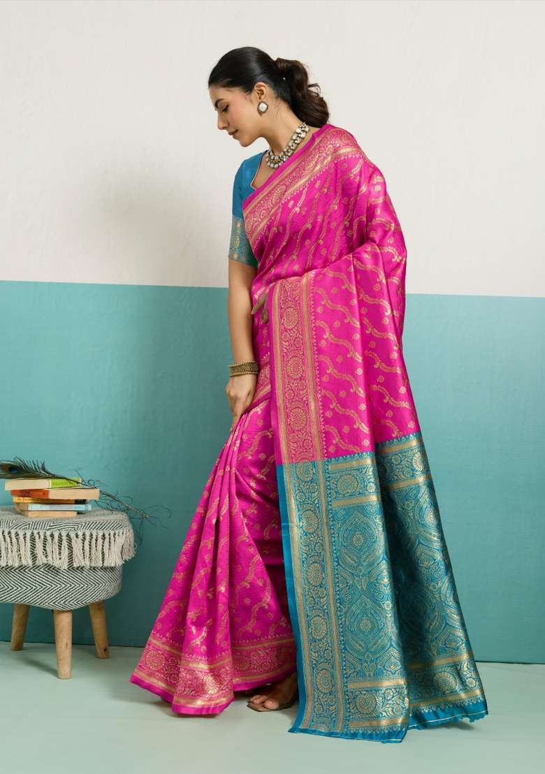 Magenta Zari Work Silk Blend Saree Set - Indya