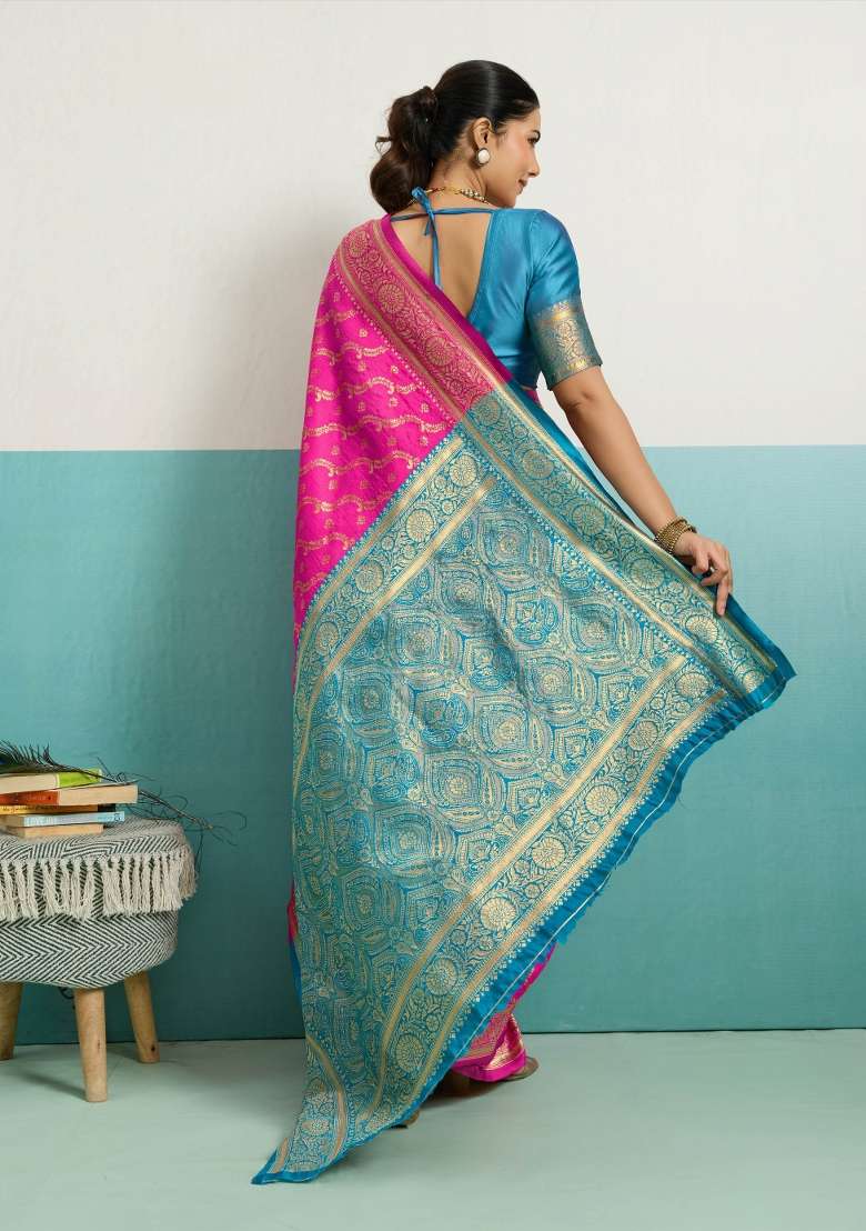 Magenta Zari Work Silk Blend Saree Set - Indya