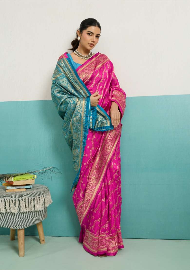 Magenta Zari Work Silk Blend Saree Set - Indya