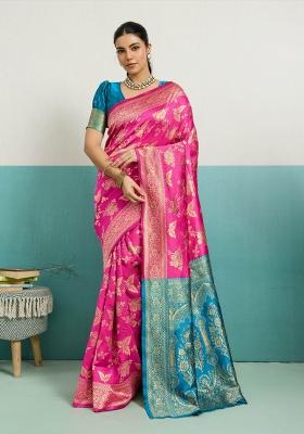 Magenta Zari Work Silk Blend Saree Set