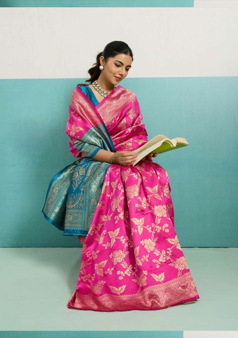 Magenta Zari Work Silk Blend Saree Set - Indya