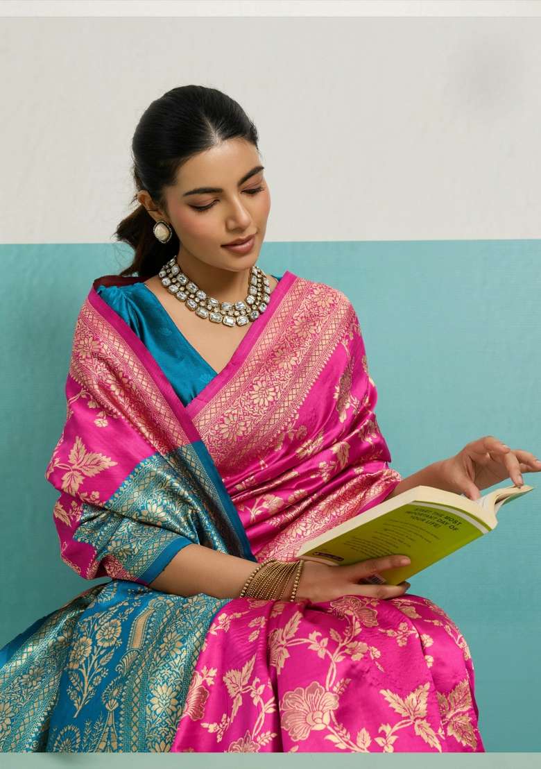 Magenta Zari Work Silk Blend Saree Set - Indya