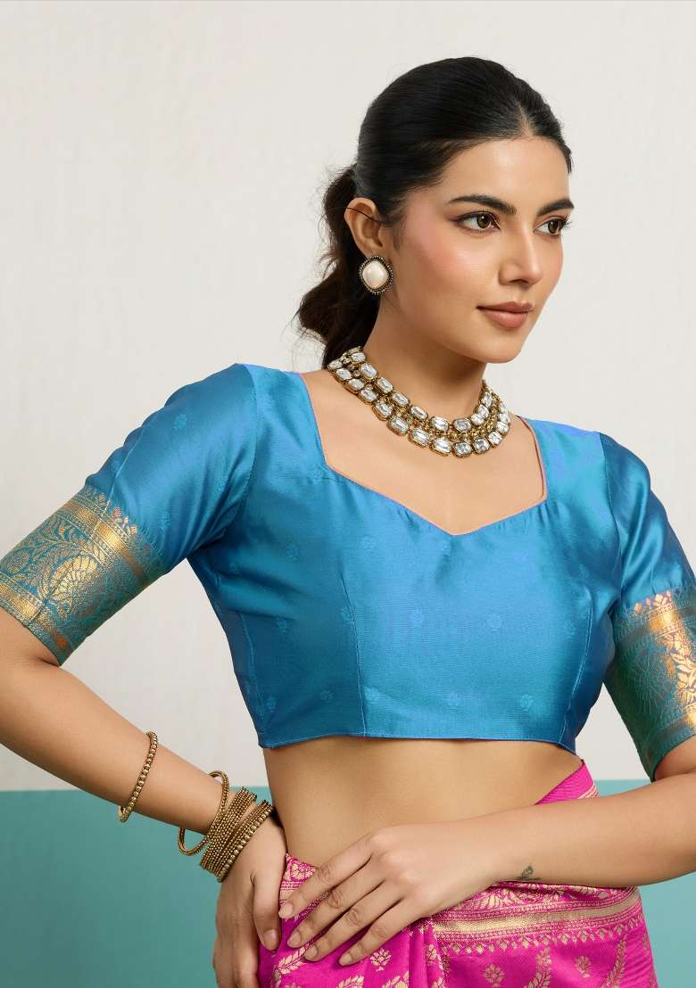 Magenta Zari Work Silk Blend Saree Set - Indya