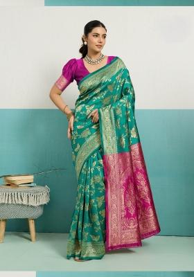 Turquoise Zari Work Silk Blend Saree Set