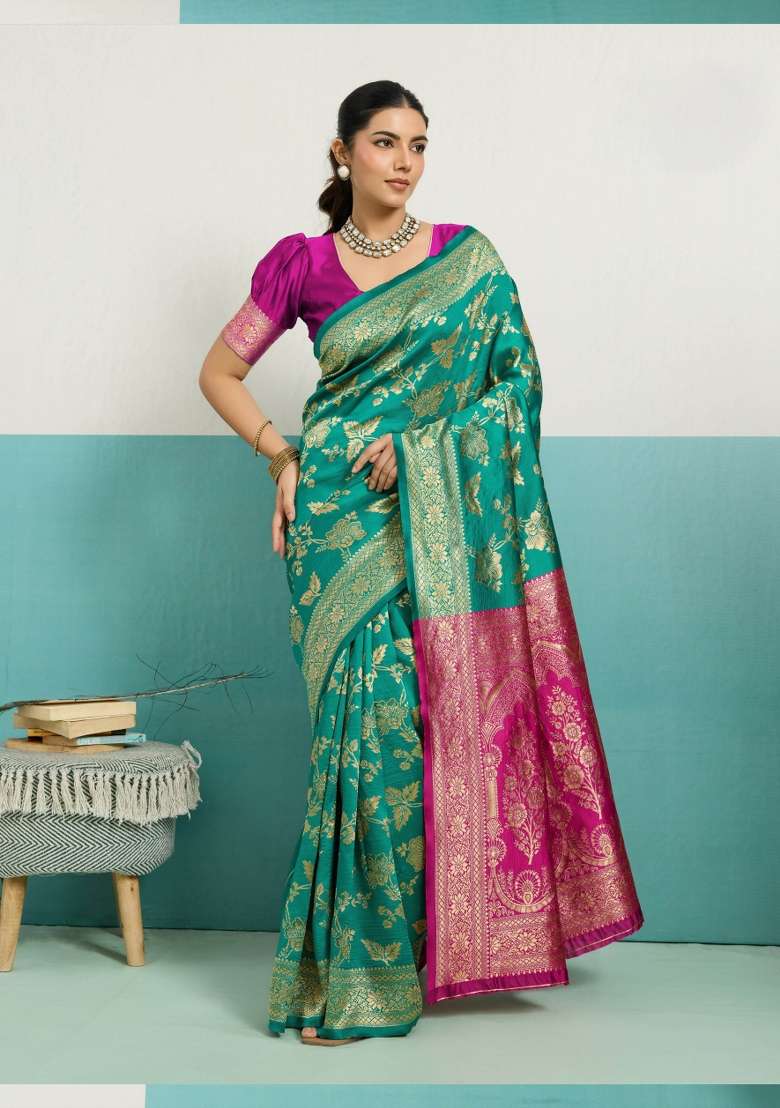 Turquoise Zari Work Silk Blend Saree Set - Indya