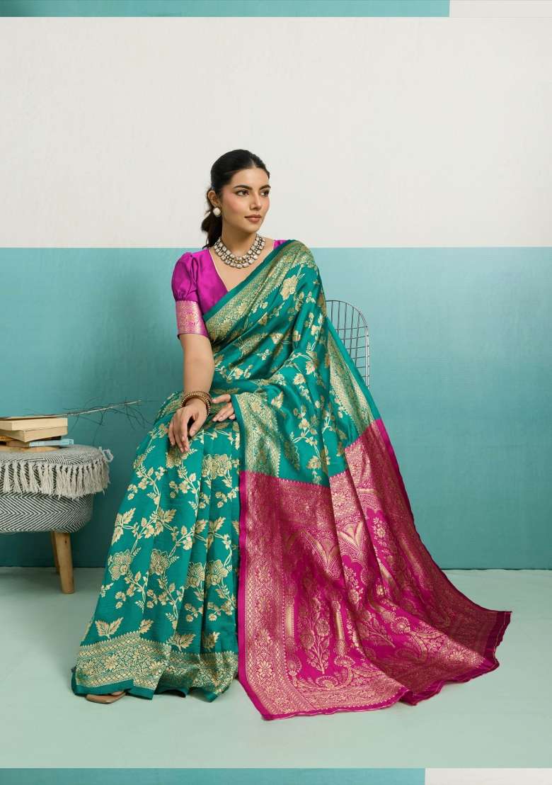 Turquoise Zari Work Silk Blend Saree Set - Indya