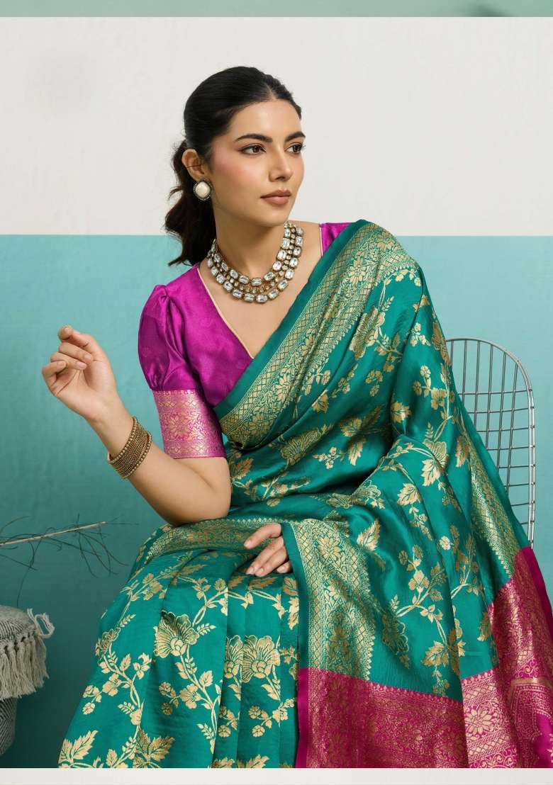 Turquoise Zari Work Silk Blend Saree Set - Indya