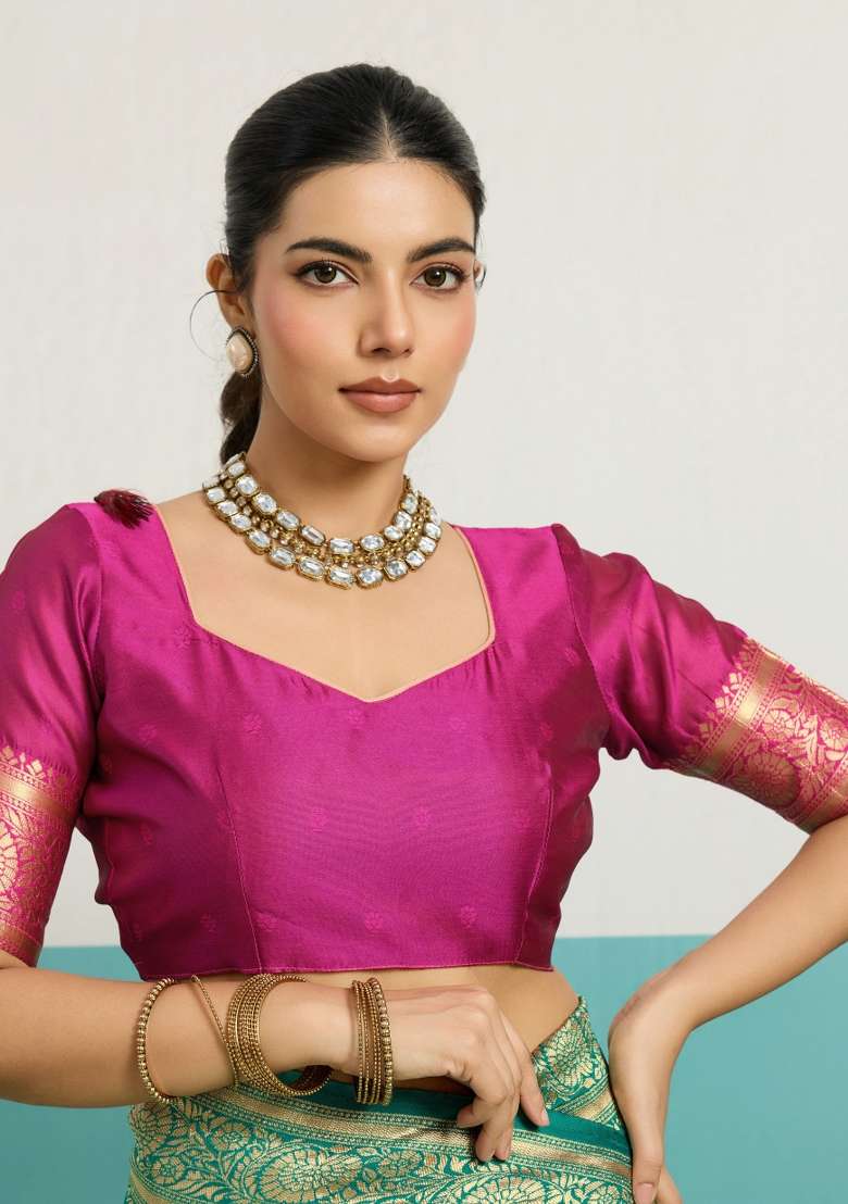 Turquoise Zari Work Silk Blend Saree Set - Indya