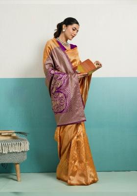 Mustard Zari Work Silk Blend Saree Set