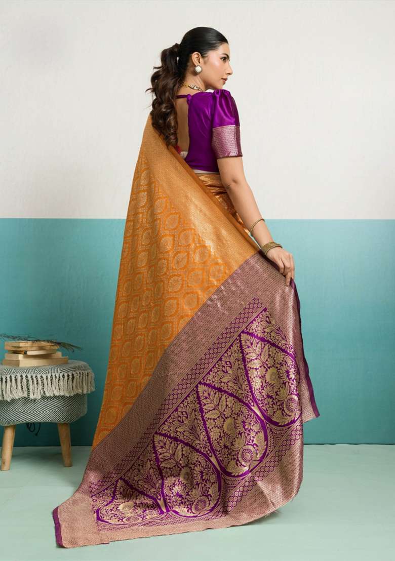 Mustard Zari Work Silk Blend Saree Set - Indya