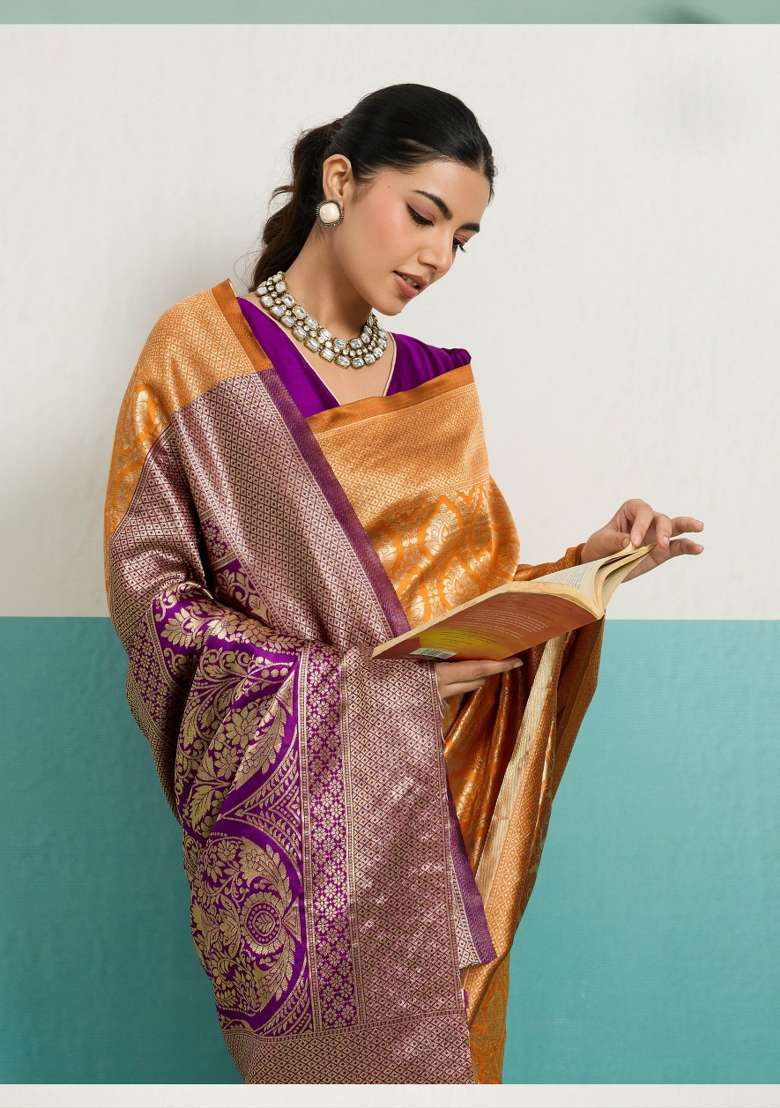 Mustard Zari Work Silk Blend Saree Set - Indya