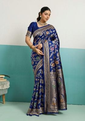 Navy Blue Zari Work Silk Blend Saree Set