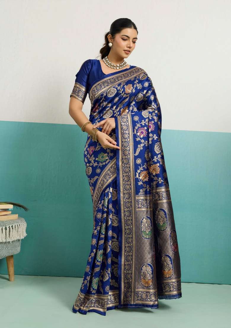 Navy Blue Zari Work Silk Blend Saree Set - Indya