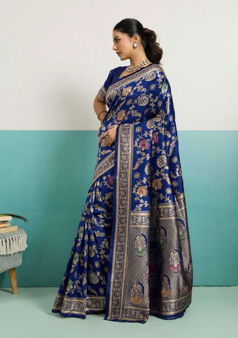 Navy Blue Zari Work Silk Blend Saree Set - Indya