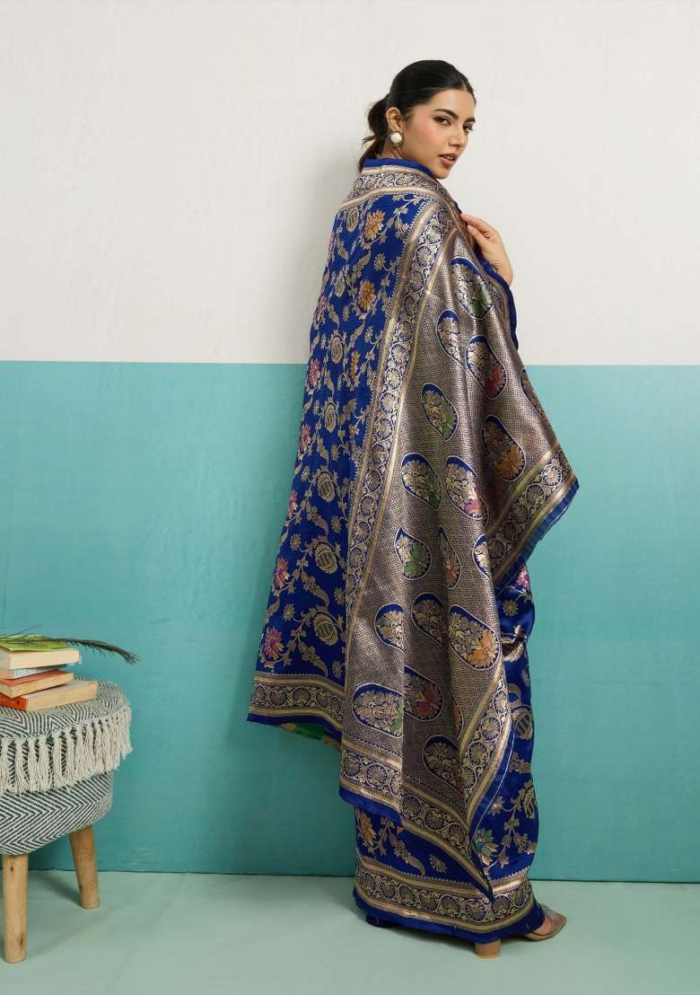 Navy Blue Zari Work Silk Blend Saree Set - Indya