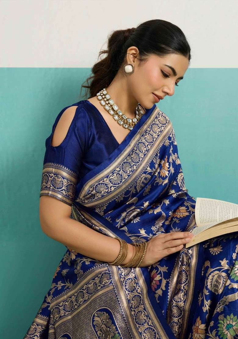 Navy Blue Zari Work Silk Blend Saree Set - Indya