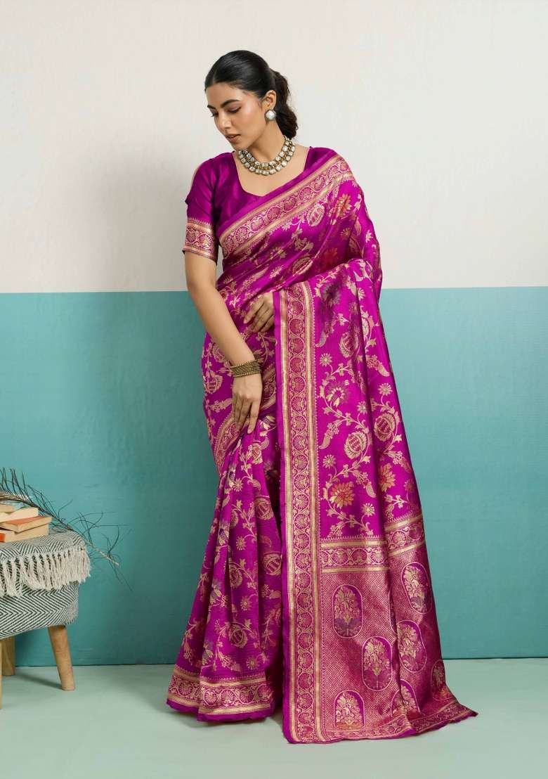 Magenta Zari Work Silk Blend Saree Set - Indya