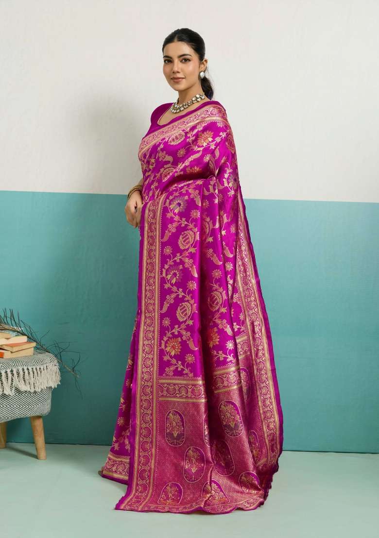 Magenta Zari Work Silk Blend Saree Set - Indya