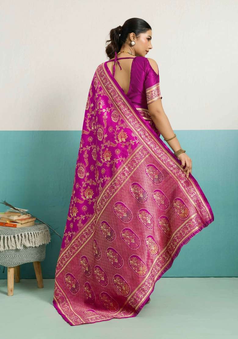 Magenta Zari Work Silk Blend Saree Set - Indya