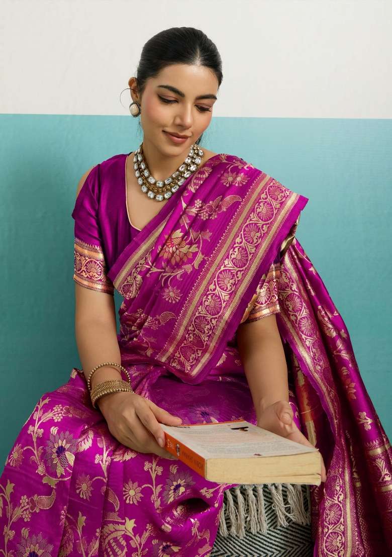Magenta Zari Work Silk Blend Saree Set - Indya