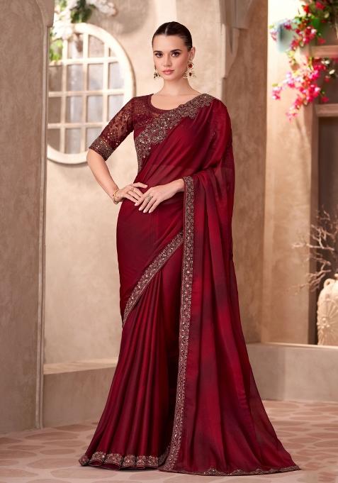Maroon Emboidered Silk Saree Set