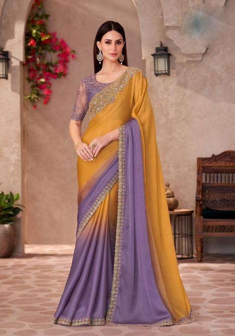 Lavender And Mustard Emboidered Silk Blend Saree Set