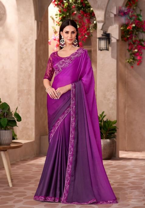 Magenta Emboidered Silk Saree Set