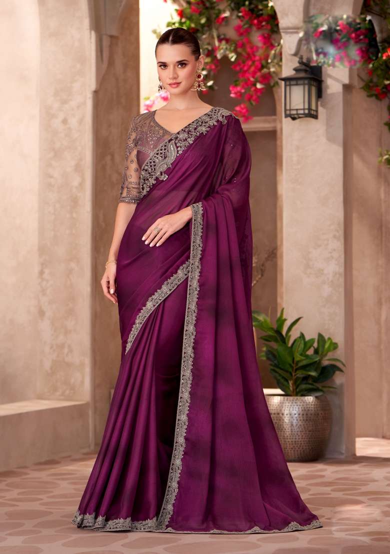 Wine Emboidered Satin Saree Set - Indya