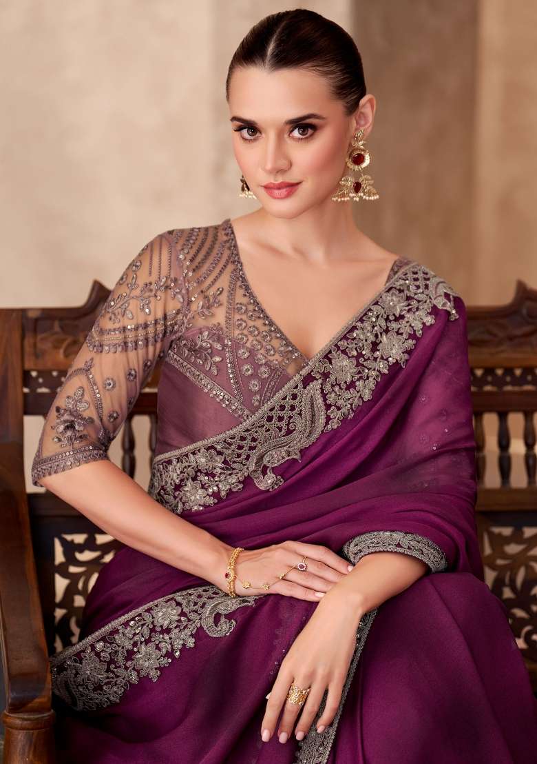 Wine Emboidered Satin Saree Set - Indya